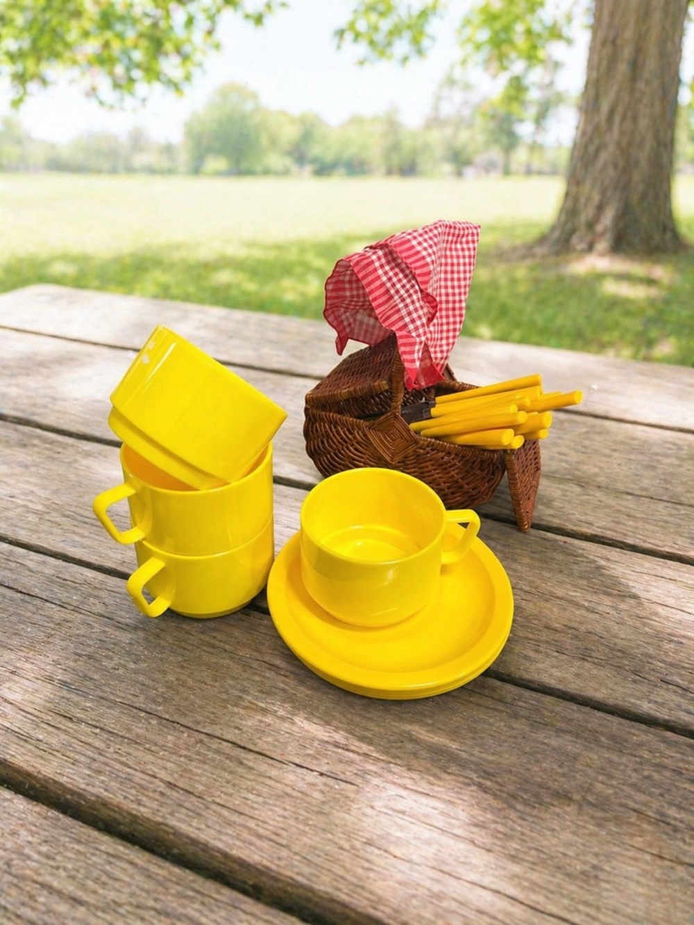 70s MCM Yellow Melamine Cup Plate and Cutlery Picnic Set